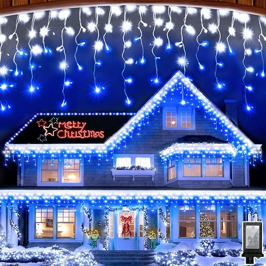 1620 LED 164ft 360 Drops Christmas Lights, Outdoor Hanging lights with 8 Modes & Timer Memory, Outsite Waterproof Curtain String Light for House Fence Tree Holiday Wedding Decorations (Blue & White)