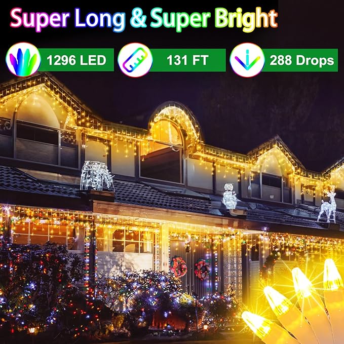 1296 LED 131FT Christmas Lights 288 Drops, Outdoor Hanging light with 8 Modes & Timer, Plug in Curtain String Light Outdoor Waterproof for House Tree Holiday Wedding Party Outside Decor (Warm White)