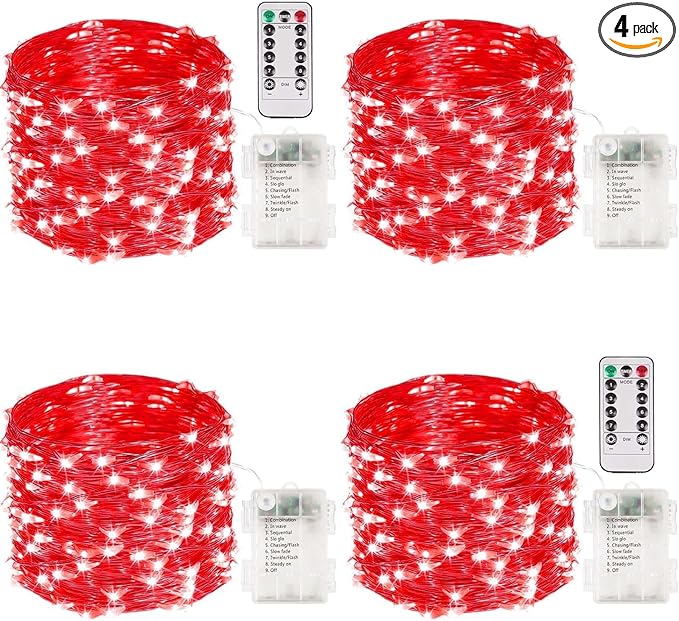 4-Pack 33FT 100 LED Fairy Lights Battery Operated with Remote & Timer, Fairy Christmas String Lights for Bedroom Decor, Waterproof 8 Modes Twinkle Lights for Room (Red)