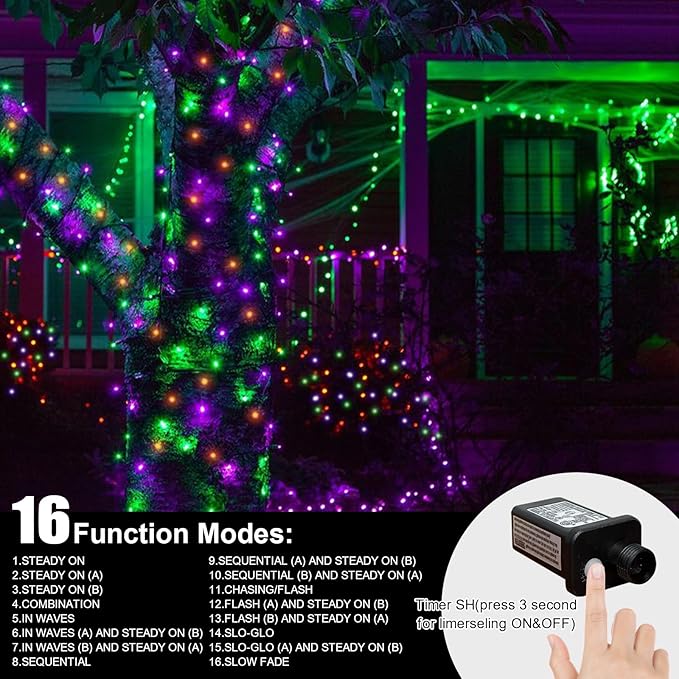 LAMPHOME 165ft Halloween Lights, 500 LED Transparent Wire Fairy Starry String Light Plug in, 16Lighting Modes for Indoor Outdoor Xmas Tree Wedding Party Decoration (Orange Purple Green)