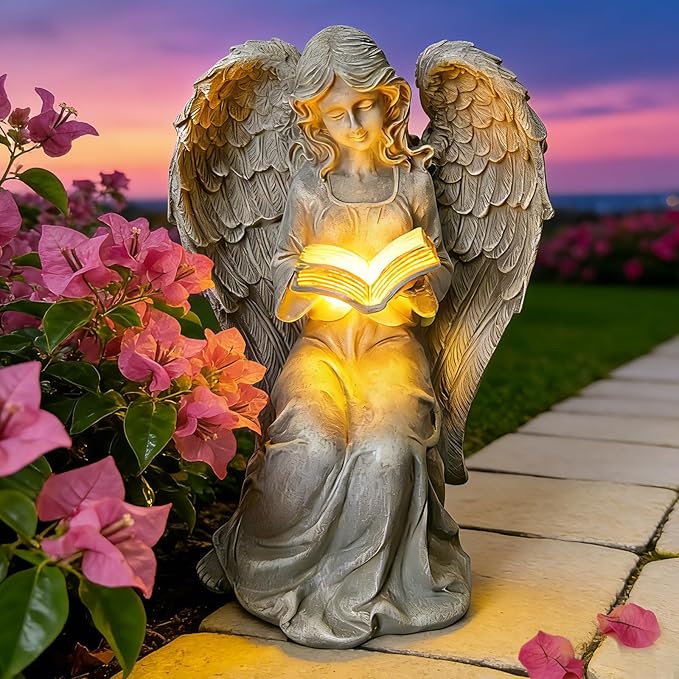 Solar Garden Outdoor Angel Statues with Book - Solar Resin Fairy Waterproof with LED Lights for Balcony Patio Lawn Table Yard Ornaments, Birthday Gifts for Women Mom Grandma