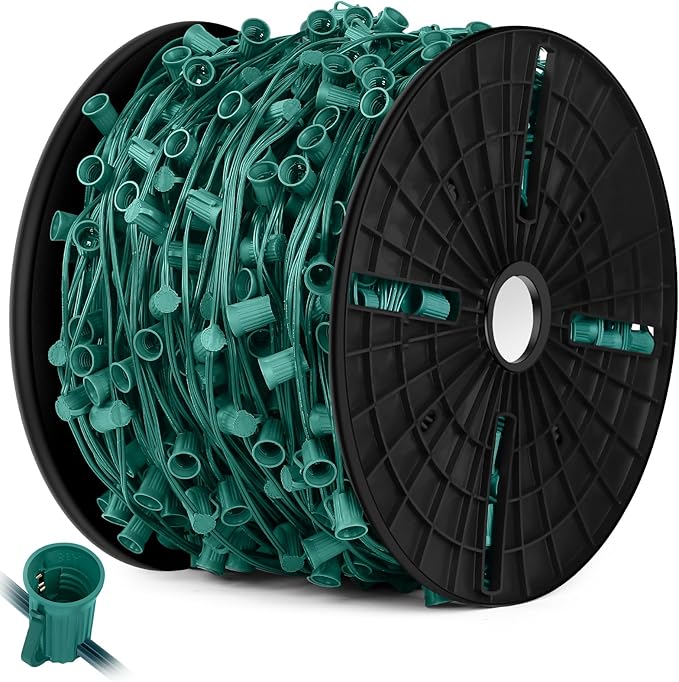 Brightever C9 Commercial LED Socket Set Spool 1000 FT, E17 Light Sockets Set, Strands Custom Roof Line Decorative Lighting - 12 Spacing Intermediate Base 18 Gauge Green Wire String Lights