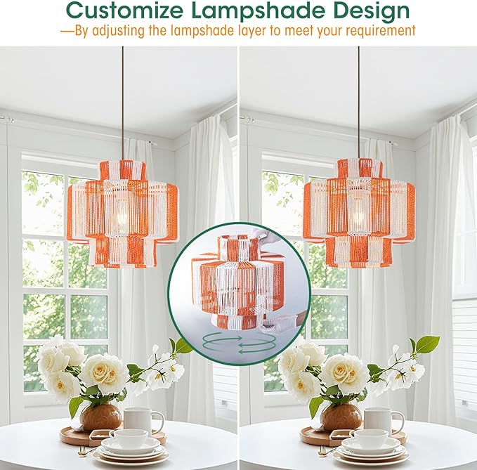 Rattan Pendant Light Fixture,Boho Light Chandelier for Dinning Room,13.3'‘ Woven Hanging Light Boho Pendant Lights 3-Tier Basket Light for Kitchen Island Hallway Nursery Bedroom