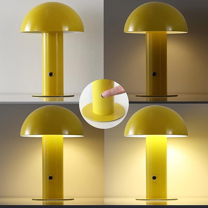 JONATHAN Y 10.75" Yellow Rechargeable LED Mushroom Table Lamp, Cordless Portable Bedside Lamp for Living Room Bedroom, 3-Way Dimmable Modern Iron Desk Light, Metal Shade (JYL7115C)