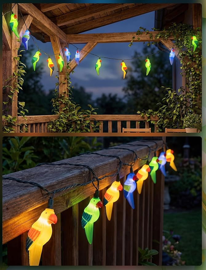 8.5Ft Parrot Outdoor String Lights, LED Tropical Themed Patio Lights with 10 Multicolor Birds Lights, Plug in Hanging Fairy String Lights for Backyard Summer Camp Window Decor Gift