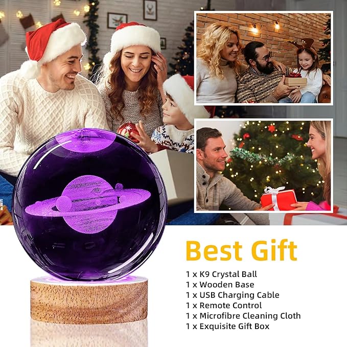 3D Saturn Crystal Ball Night Light Upgraded 3.15 in Saturn Planet Glass Sphere Lamps with 16 Color for Birthday Holiday, Cool Saturn Galaxy Home Desk Decor Gifts for Teens Boys and Girls
