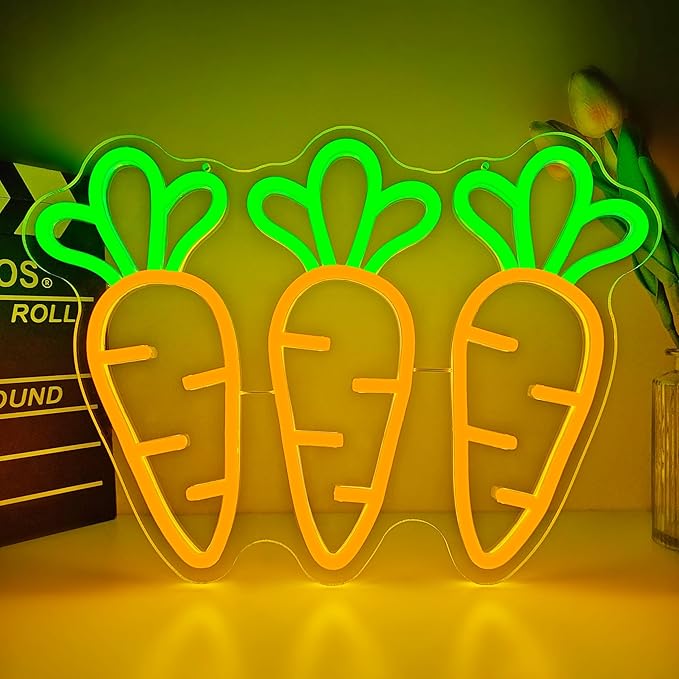 Carrot Neon Sign for Wall Decor Easter Led Sign Three Carrot Neon Light Easter Decorations Vegetable Shop Light Up Signs for Spring Bar Home Holiday Party Window Gifts Business Coffee Garden