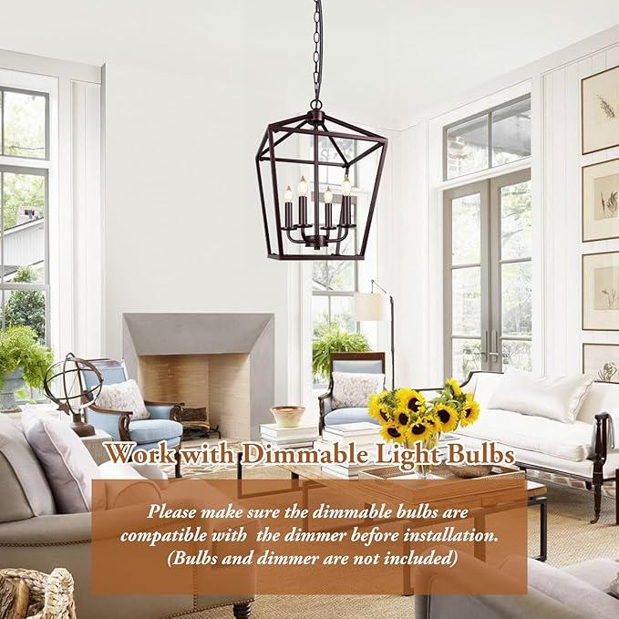 Farmhouse Chandelier 4-Light, Oil-Rubbed Bronze Pendant Light Fixture for Kitchen Island Dining Room, Lantern Industrial Lighting Ceiling Hanging with Metal Cage Adjustable Height for Entryway Foyer