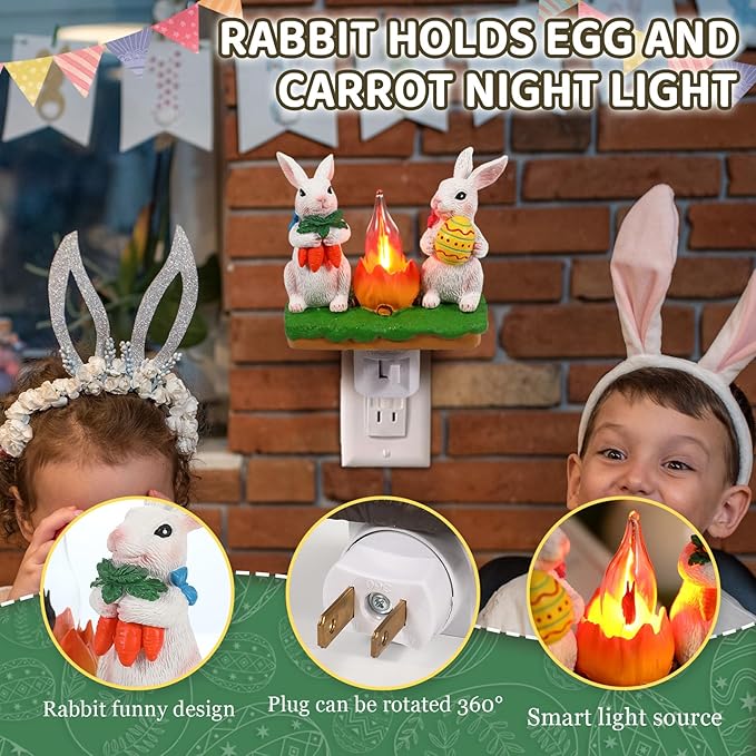 Bunny Campfire Flickering Nightlight, Easter Night Light Plug Into Wall with Switch, Rabbit LED Lamp for Spring Hallway Stair Bedroom Decoration