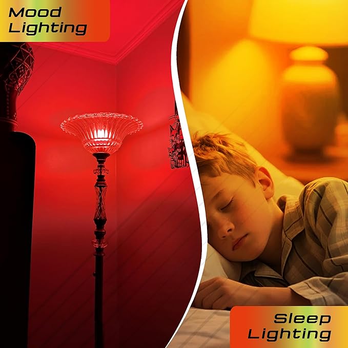 Amber and Red Light Bulbs 25-40W Equivalent, 1800k Amber Sleep Light Bulb, 625nm Red Night Light, 3W 300lm, E26 Base for Bedroom Healthy Sleep Porch Party Holiday Lighting, Non-Dimmable(1 Amber+1 Red)