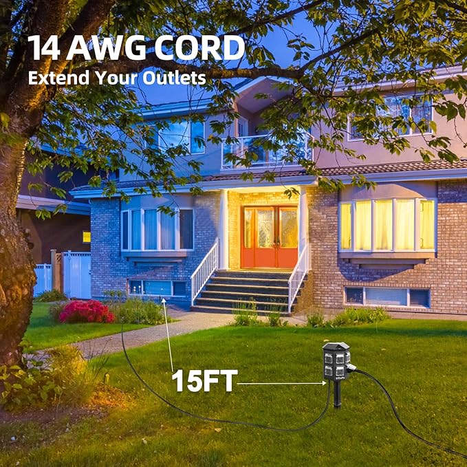 TiFFCOFiO Outdoor Power Strip Timer, Dusk to Dawn Light Sensor Countdown, 15 Feet Extension Cord Waterproof, 6 Grounded Outlets for Halloween and Christmas Decorations, ETL Listed