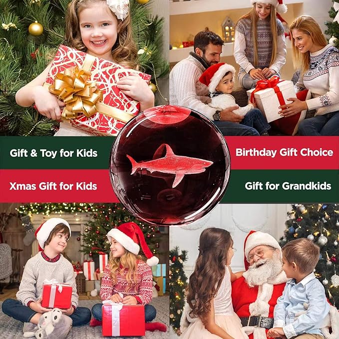 3D Shark Crystal Ball Night Light with Remote Lifelike 3.15 In Shark Sea Animal Glass Ball Lamps with 16 Color LED Wooden Base for Birthday Holiday, Cool Shark Toy Room Decor Gifts for Boys Girls Kids