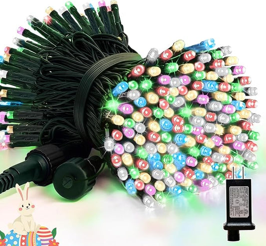 LAMPHOME 33ft Easter String Lights Plug in, 100 LED Pastel Twinkle Fairy Lights Green Wire, 16 Modes Easter Outdoor Indoor Decorations for Tree Christmas Wedding Party (White+Multicolor)
