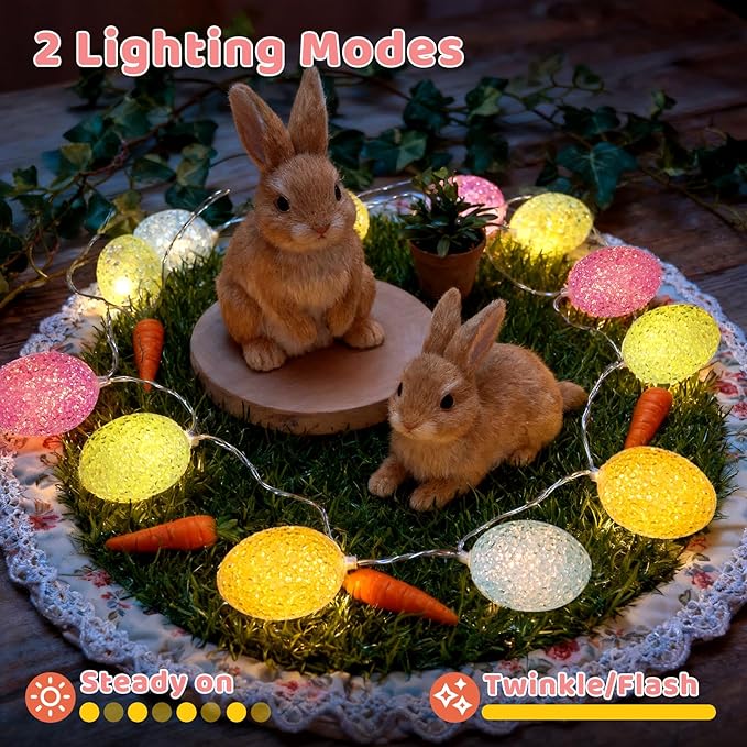 LED Easter Egg Lights String, 10ft 10 LED Pastel Lights, Steady On Easters Eggs Ornaments Battery Powered for Easter, Party, Home Decorations, White Wire