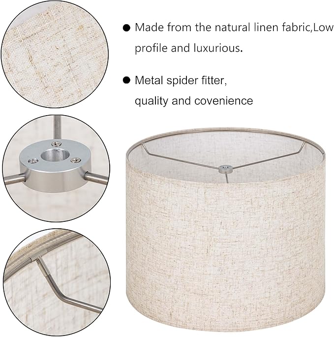 Wellmet Linen Lampshade Requiring Assembly, Set of 2 Drum Lampshades, 18" Top x 18" Bottom x 12" High Replacement Lamp Shades, Fabric Lampshades for Table Lamps Floor Lamps, Metal Spider Fitter
