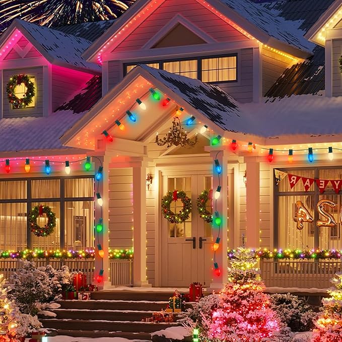 C7 LED Multicolor Christmas Lights Outdoor, 25Ft Vintage Christmas Lights String With 27 LED Ceramic Bulbs (2 Spare Bulbs), Hanging Light for Indoor Outdoor Xmas Tree Home Yard Party Decor, Green Wire