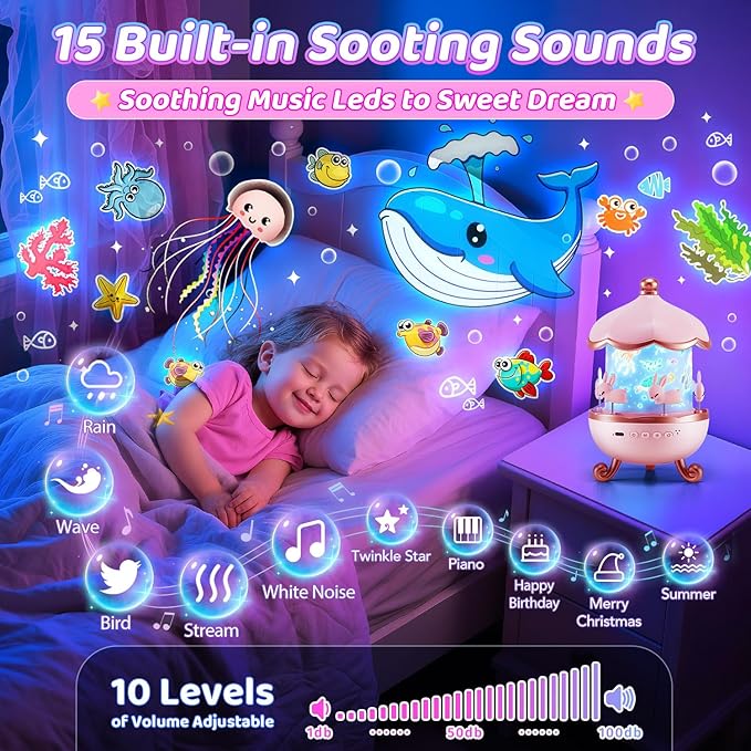 One Fire Princess Gifts for Girls Toys, 15 Music+15 Films+315 Colors Night Light Projector, 360°+Remote+Cordless Star Projector for Kids, Mermaid Gifts for Girls Room Decor, Pink Baby Toddler Toys