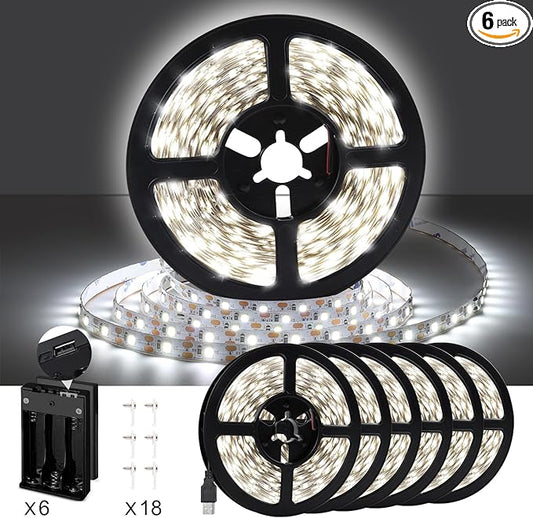 49.2ft USB LED Light Strip White with Battery Box (Batteries Not Included), Daylight LED White Strip Lights Cuttable LEDs for Bedroom, Mirror, Party, Camping, Birthday, Christmas, 8.2ft x 6