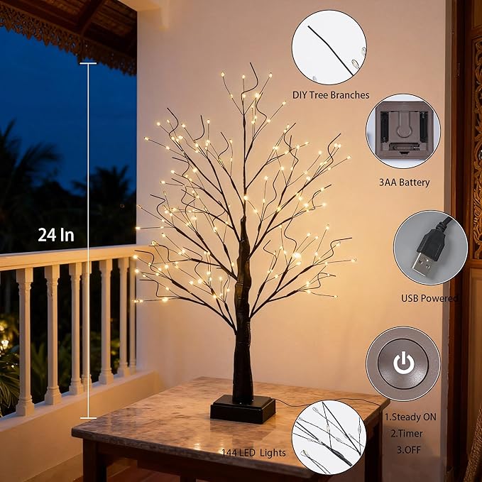 144 LED Artificial Tree Lamp with Timer, DIY Birch Trees with LED Lights, Lighted Up Trees Lamp USB/Battery Powered, Fairy Light Spirit for Table Home Wedding Bedroom Christmas (Brown)