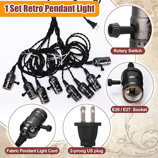 1 Pcs Vintage Pendant Light Sockets Light Cord Kit with Switches DIY Bulb Socket with Cord for E26 E27 Lamp Socket Lantern Bedroom Living Room Decor (1 Plug with 8 Sockets,Black)