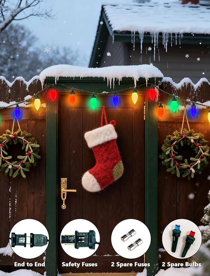 26FT C9 Christmas String Lights, Outdoor Christmas Decorations Lights with 50 LED C9 Multicolor Opaque Bulbs Waterproof, Hanging Patio Light for Christmas Tree Patio Roofline Garden Party Holiday