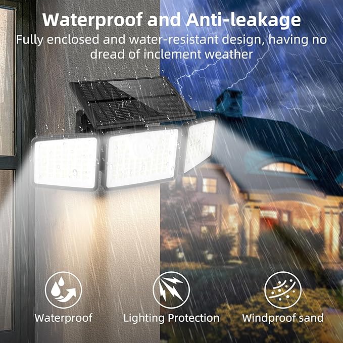 2500LM Solar Lights Outdoor with Motion Sensor,3 Head 270° Wide Angle Street Area Lights,IP65 Waterproof Security Lighting with 3 Modes(Non-Remote,4 Pcs)
