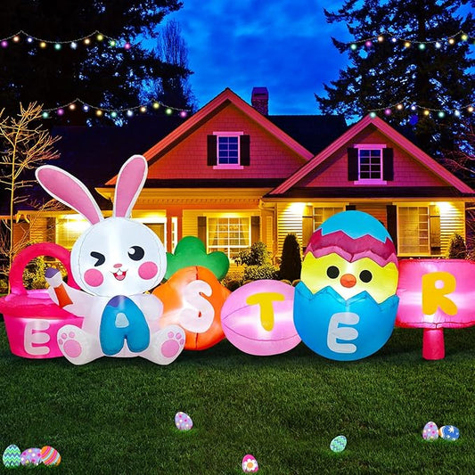 MICOCAH 8 FT Long Easter Inflatables Outdoor Decorations, Inflatable Painting Bunny with Colorful Eggs/Chick/Carrot Build-in LEDs Lights Blow Up Yard Decoration for Decor Holiday Party Lawn, Garden