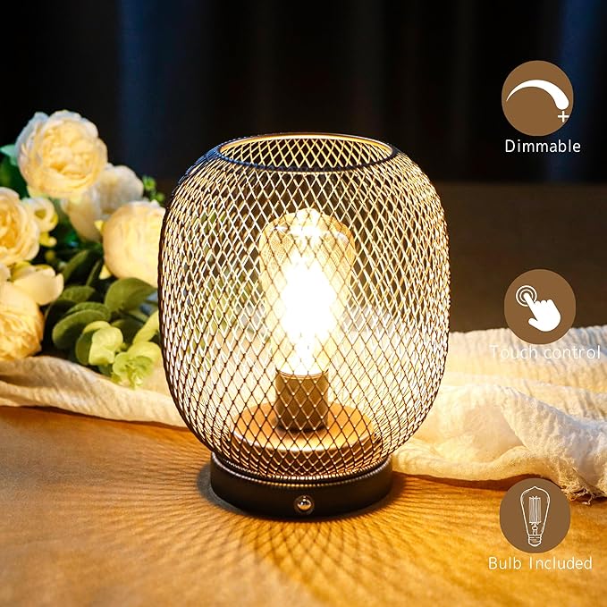 JHY DESIGN Dimmable Touch Bedside Table Lamp Rechargeable Battery Powered Lamp with LED Bulb Cordless Accent Lamp for Weddings Parties Patio Events for Indoors Outdoors(Metal Base, Bronze Round)