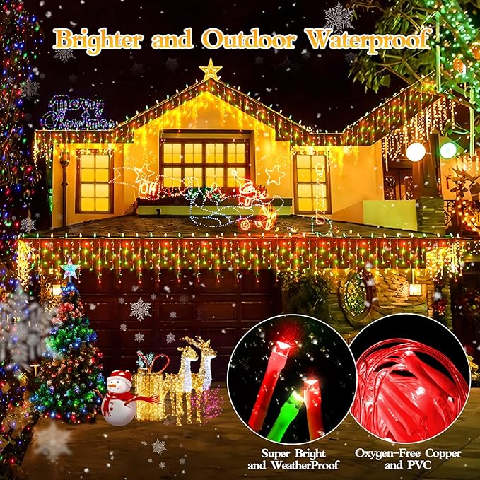 1600 LED 164FT Christmas Outdoor Lights Plug in 8 Modes with Timer Dimmable Christmas Decorations Waterproof Indoor Curtain String Lights for Roof Porch Garden Holiday Wedding Party Decor Red + Green
