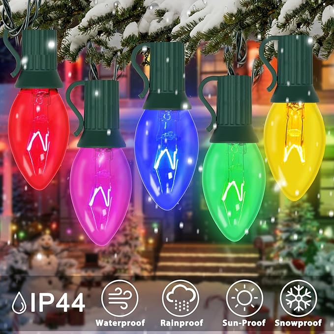 C7 Christmas String Lights-25Ft Vintage Christmas Lights with 27 Multicolor C7 Light Bulbs (2 Spare),C7 Christmas Lights Outdoor for Christmas Party Backyard Wedding- Green Wire