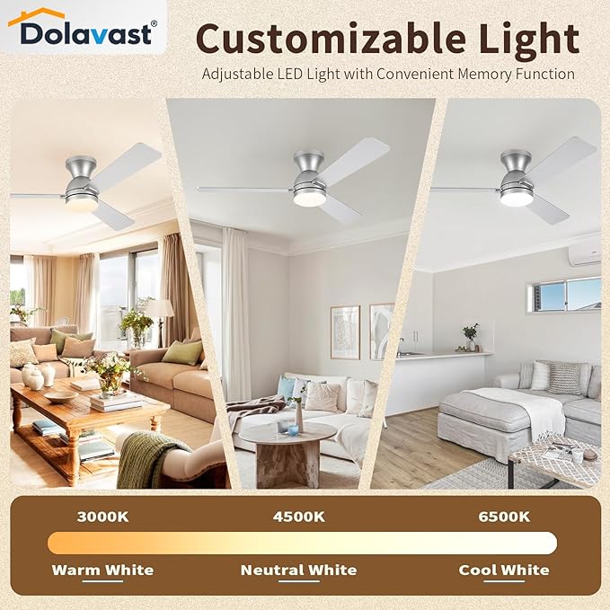 Ceiling Fans with Lights, 48 inch Low Profile Ceiling Fan with Light and Remote Control, Flush Mount, Reversible, 3CCT, Dimmable LED, Noiseless, Nickel Ceiling Fan for Bedroom, Dining Room