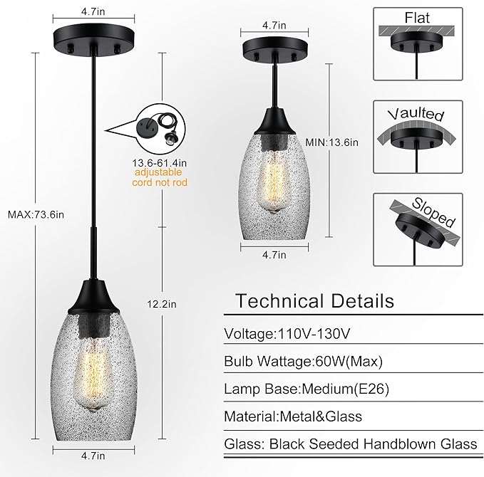Black Seeded Glass Pendant Lamp Shade 4.72" Art Glass Chandeliers Cover Mini Oval Light Shade Replacement Shade Only Light Fixtures for Kitchen Island Pendant Light 1-Pack