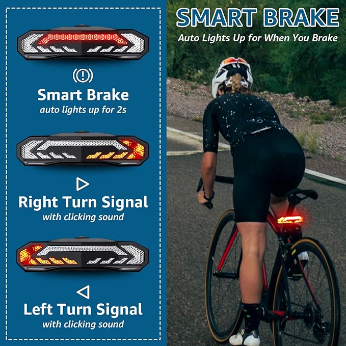Bike Turn Signals, Bicycle Tail Light with Turn Signals, Bike Tail Light USB Rechargeable with Horn, IP65 Waterproof Anti-Theft Alarm,6 Light Mode Auto On Off, for Bicycle, Ebike, Scooter
