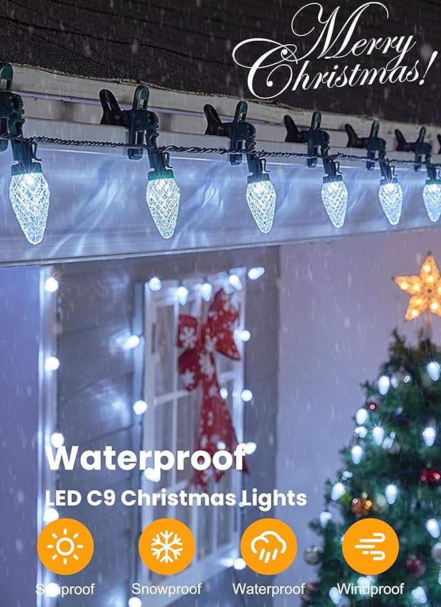 C9 LED Christmas Lights Outdoor, 66 Feet 100 LED C9 String Lights with 100 Spring Clips, Waterproof Connectable Christmas Tree Lights for Outside Roofline Patio Home Xmas Decor, Pure White 2 Pack