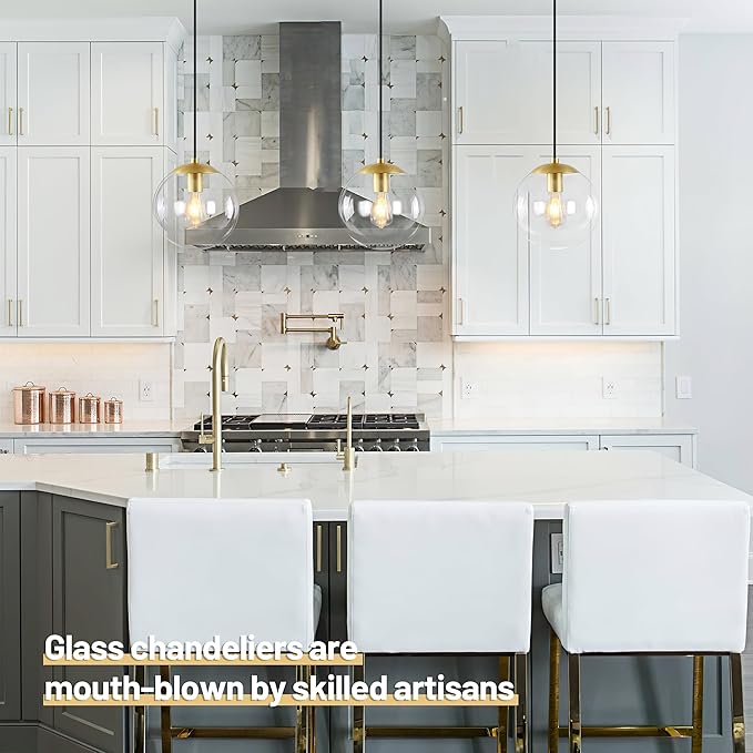 KoKo&Yukina 6-inch mini Modern Globe Pendant Light Clear Glass with Brass Finish Contemporary Mid Century Adjustable Hanging Light Fixture for Living Room Bedroom Kitchen Island (Bulb Incl.)