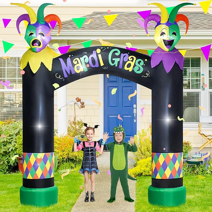 10FT Mardi Gras Inflatable Arch with LED Lights - Easter Blow Up Outdoor Decoration, Jester Mask Archway for Party/Yard/Garden/Lawn, Built-in Sandbags & Easy Set up