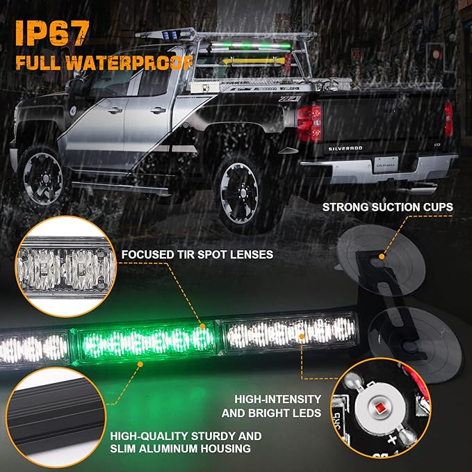 XRIDONSEN 35 inch Traffic Advisor Green White Emergency Light Bar 48 LED Strobe Lights Safety Hazard Warning Lights Front/Rear Window w/Display Controller for Volunteer Firefighter Vehicles Fire POV