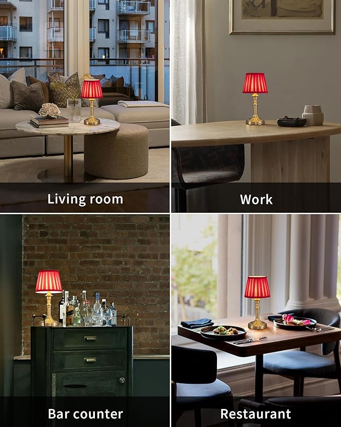 KDG Cordless Portables Table Lamp Set of 2, LED Fabric Shade Small Desk Lamps, 5000mAh Battery Powered Lighting, 2700K Stepless Dimmable Light for Living Room, Dining Room, Bedroom (Gold+Red)