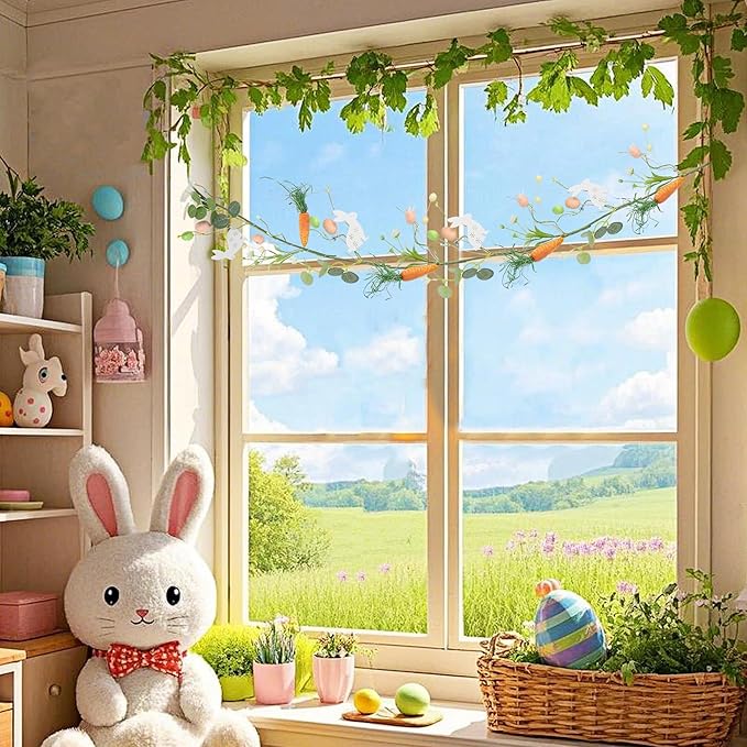 DR.DUDU 4 FT Easter Garland-Bunny & Carrot Garland Decorations for Mantle, Spring Artificial Garland with Easter Pastel Eggs for Indoor Home Fireplace Table Centerpiece Party Décor