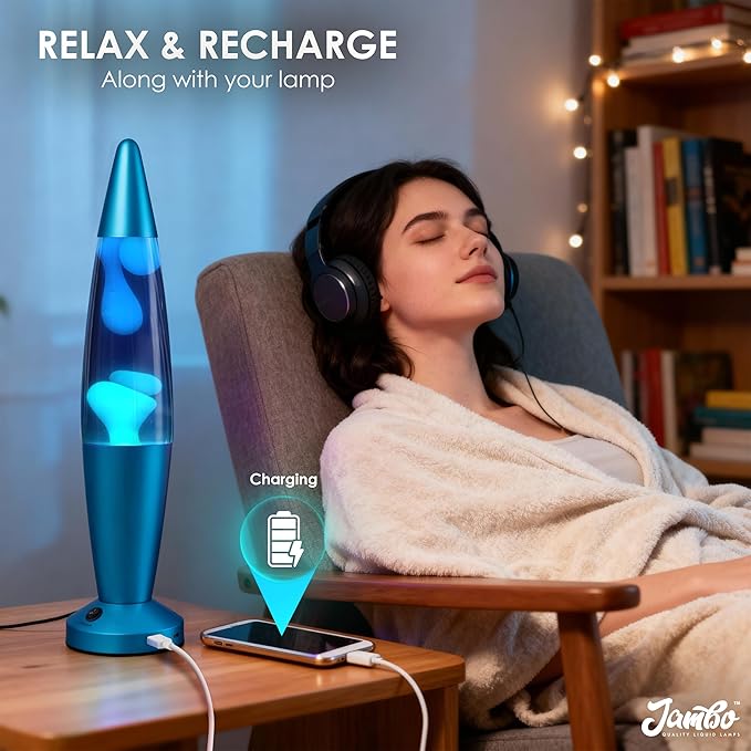 JAMBO Beautiful Liquid Lamp with USB Ports,16" Motion Light with Blue Liquid White Wax, Relaxing Nightlight, Mood Light for Bedroom, Living Room, Office - Adults, Teens, Kids