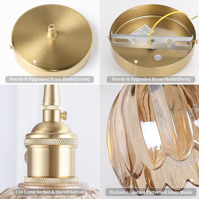 Mini Pendant Light 2 Pack with Amber Tulip Glass Lmapshade, Brass Vintage Pendant Light Adjustable Hanging Light for Kitchen Island Dining Room Hallway
