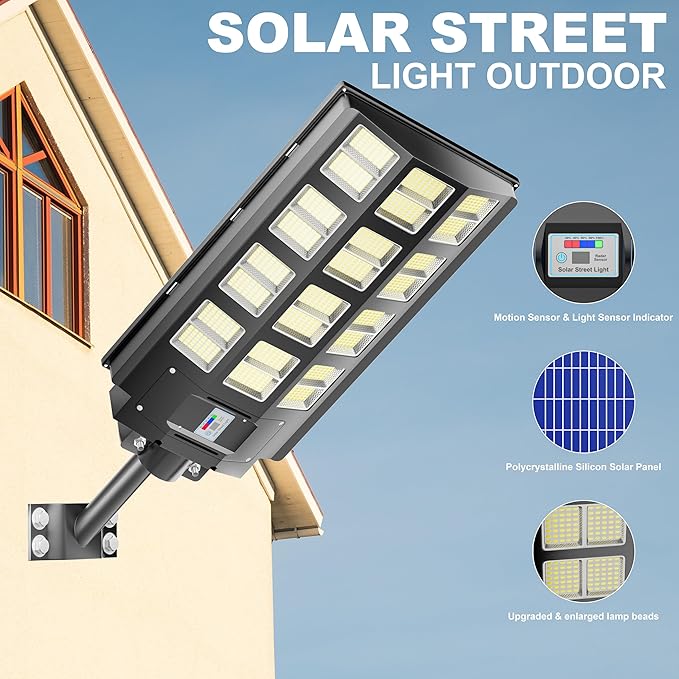 loyoele Solar Street Light 8000W Outdoor Waterproof, Solar Outdoor LED Street Light 120000 Lumens 7000K Dusk to Dawn, LED Wide Angle Lamp with Motion Sensor, for Parking Lot, Yard 1-Pack