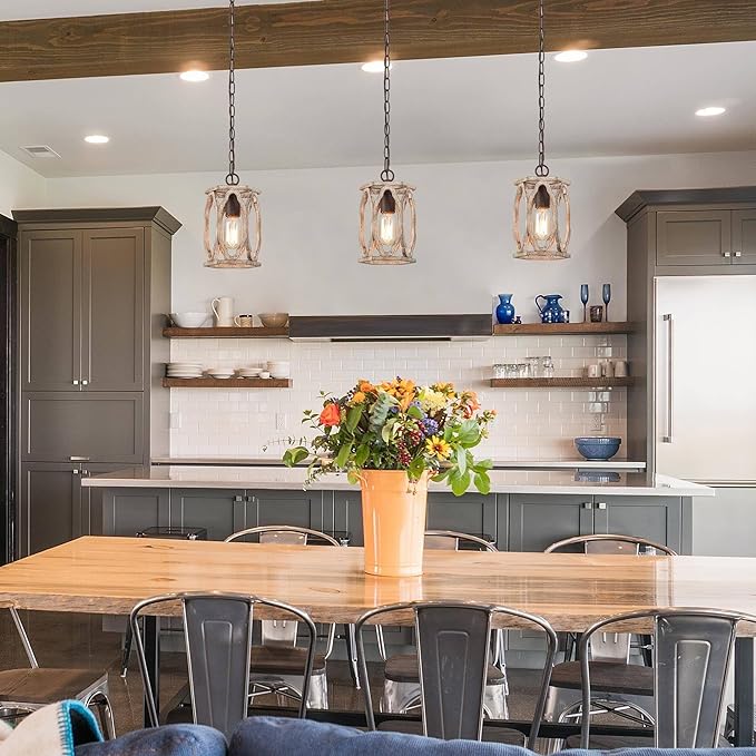 KSANA Farmhouse Pendant Light, Wood Rustic Cage Lantern Hanging Light Fixture for Kitchen Island, Foyer, Hallway, Bedroom and Entryway