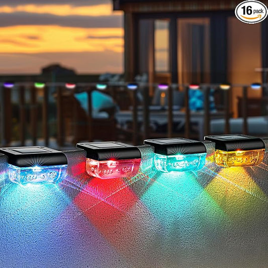 16 Pack Solar Fence Lights, RGB Color Changing Christmas Fence Solar Light, Waterproof Deck Lights for Step, Stair, Pool and Yard