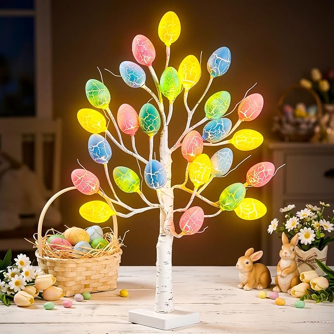 Easter Decorations - 2 FT Artificial Birch Tree with 24 Warm Led Light Colorful Eggs - Easter Tree Decor for Office Home Bedroom Table Mantel, USB or Battery Powered