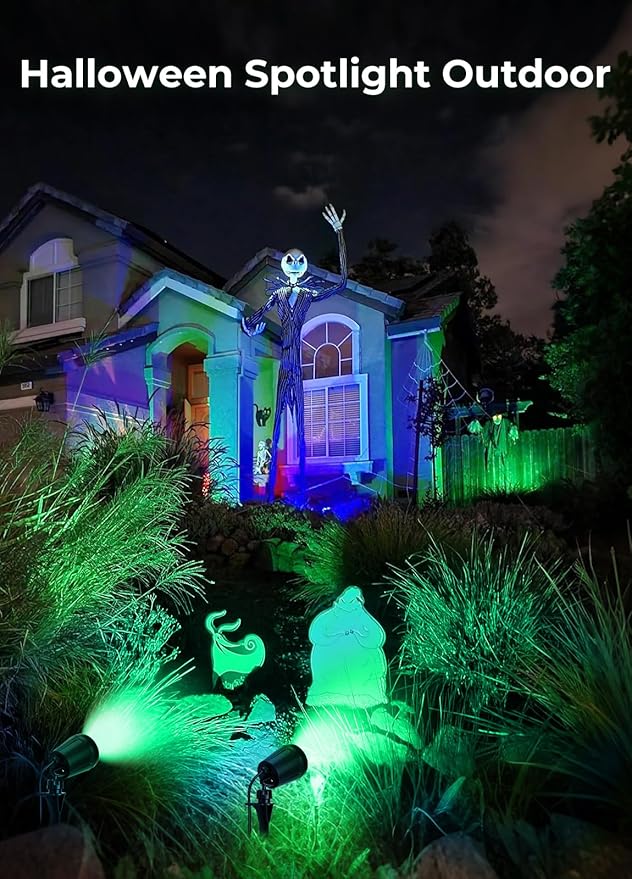 Halloween Spotlights Outdoor, 120V Plug-in Christmas Spot Light, 5000K LED Landscape Lighting with 5 Color Lenses (Red Green Blue Purple Yellow), IP67 Waterproof, 4 Pack