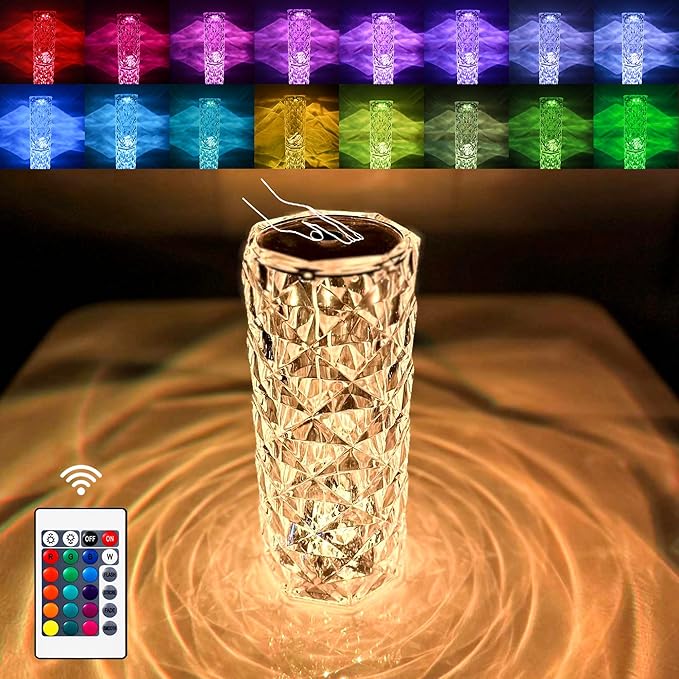 Crystal Touch Control Rose Lamp - 16 Color Dimmable LED Desk Lamp Light, Battery Operated Small Table Lamp for Bedroom with Remote Controller, Night Light, Gift for Mom Dad Wife