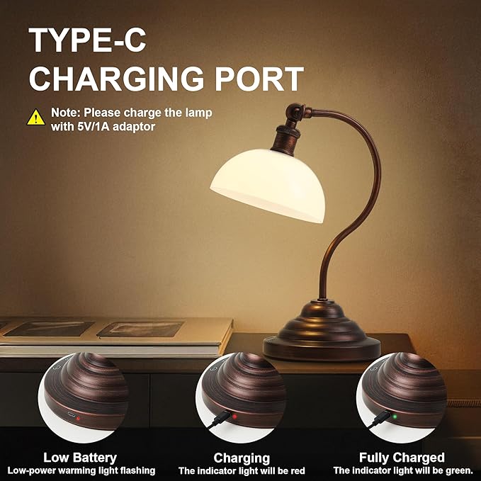 Cordless LED Table Lamp Set of 2, Battery Operated Desk Lamps with Swing Arm & Plastic Shade, Vintage Small Rechargeable Dimmable Light for Bedroom, Living Room, Nightstand, Oil Rubbed Bronze