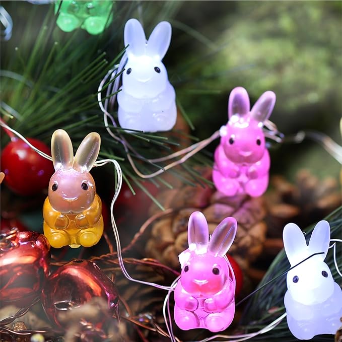 Easter Decorations Rabbit String Lights, 10 ft 30 LED Bunnies Battery Operated with Remote for Tabletop House Front Patio Wedding Kindergartens Party Jashika