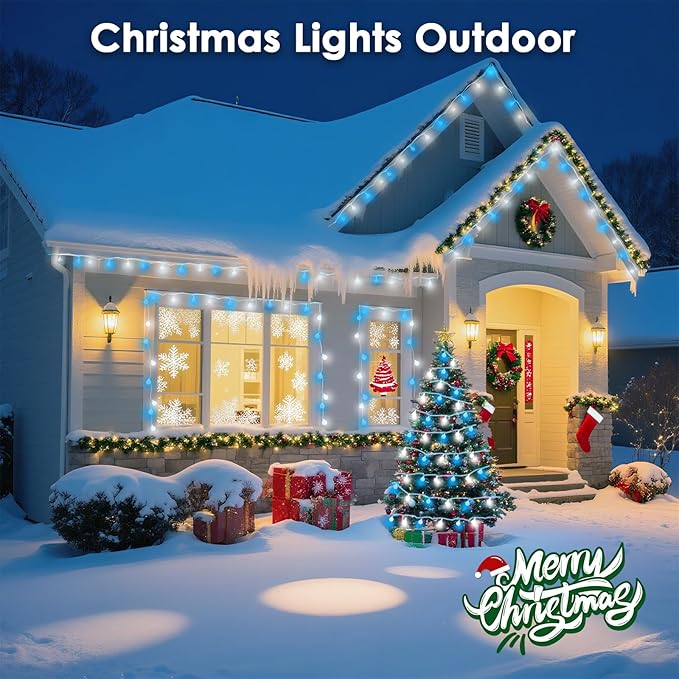 LORRYTE 43FT Connectable String Lights Indoor Outdoor | 100LED Blue and White Globe Fairy Lights Plug in with Timer, 13 Modes Hanging Light for Bedroom Classroom Wedding Party Girl's Room Decorations